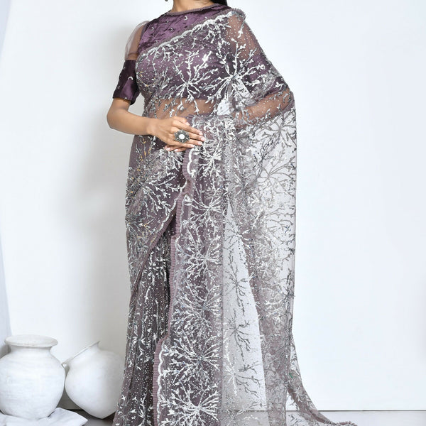 Brown Net Sequence Embroidered Festive Saree - Nimaya Denzy - Distacart