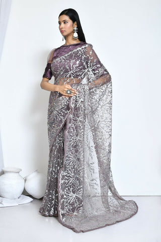 Brown Net Sequence Embroidered Festive Saree - Nimaya Denzy - Distacart