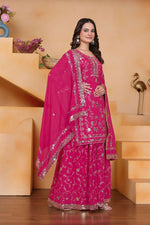 Thumbnail for Teeya Creation Pink Color Faux Georgette Embroidery Work Wedding Wear Palazzo Set - Distacart