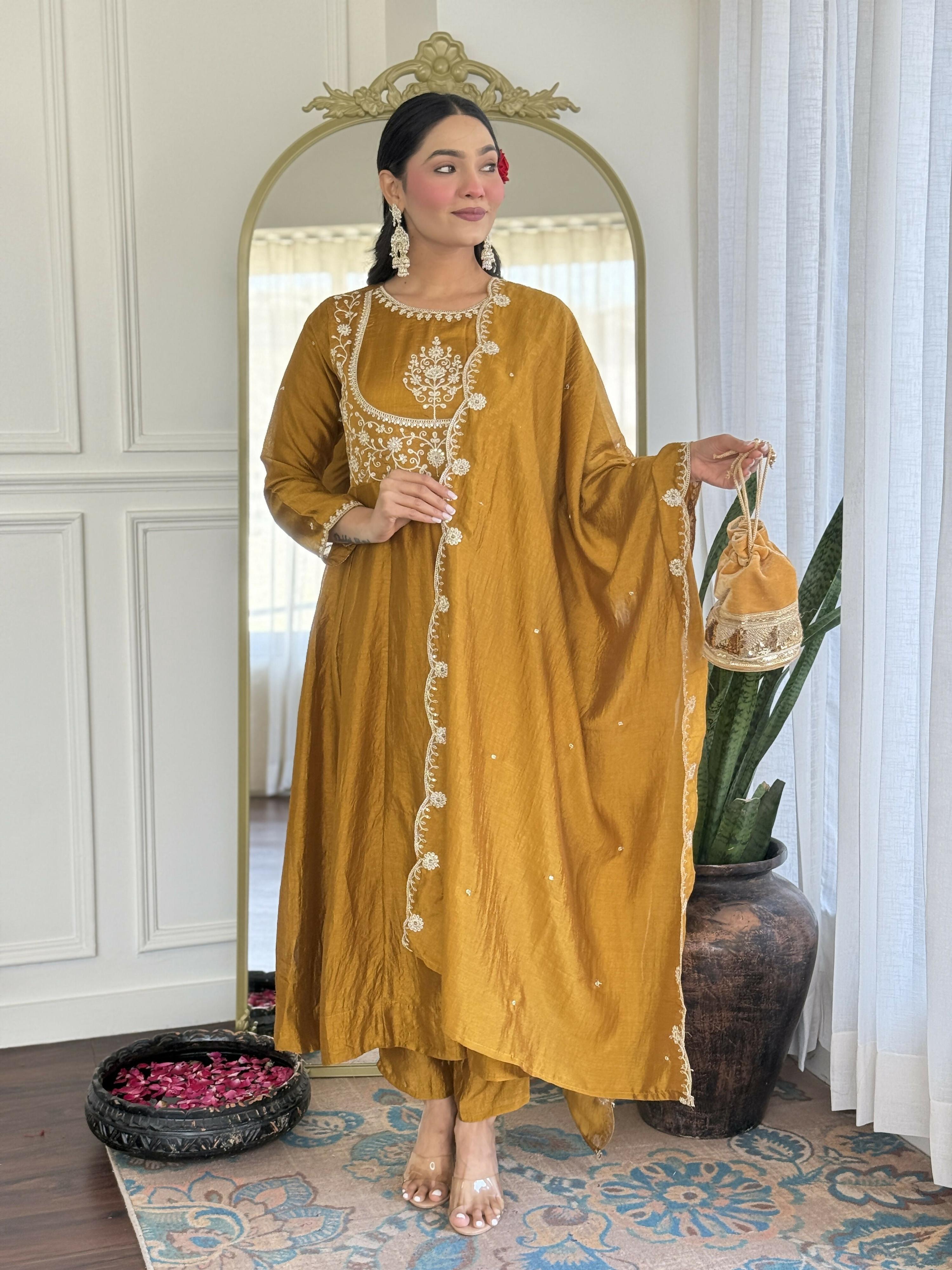The52 Mustard Women's Gorgeous Embroidered Vichitra Silk Fabric Flared Kurta Pant with Dupatta Set - Distacart