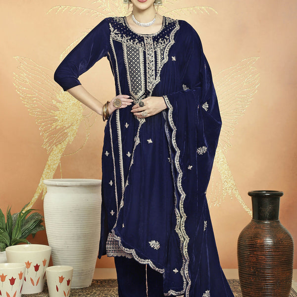 Jyoti Fashion Women's Navy Blue Velvet Cording with Resham Thread & Sequin Kurta with Trouser & Dupatta - Distacart
