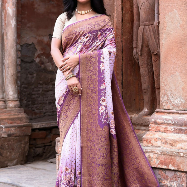 Joban Fashion Dark And Light Lilac Crepe Chiffon Pure Handloom Banarasi Silk Saree