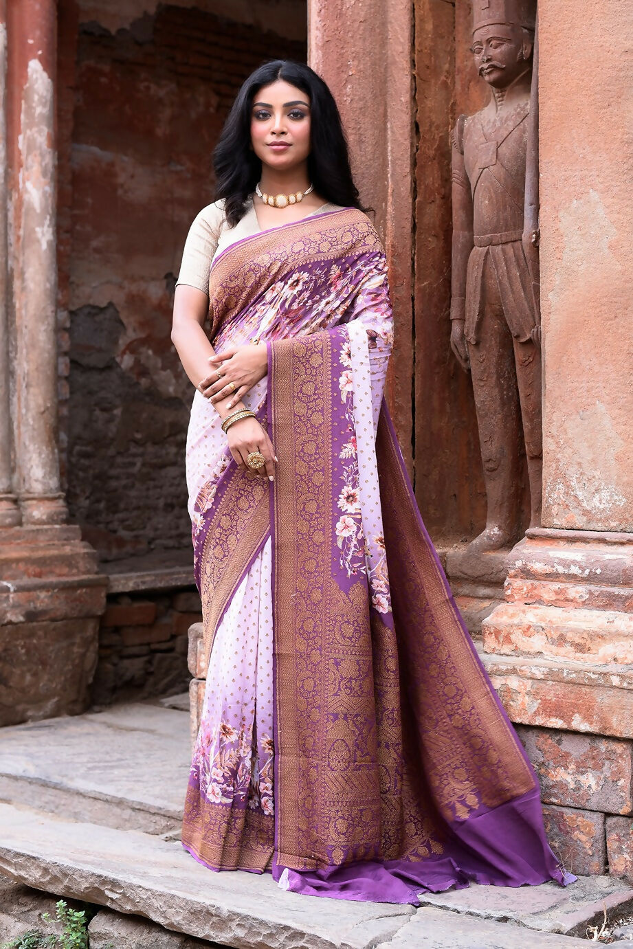 Joban Fashion Dark And Light Lilac Crepe Chiffon Pure Handloom Banarasi Silk Saree - Dista