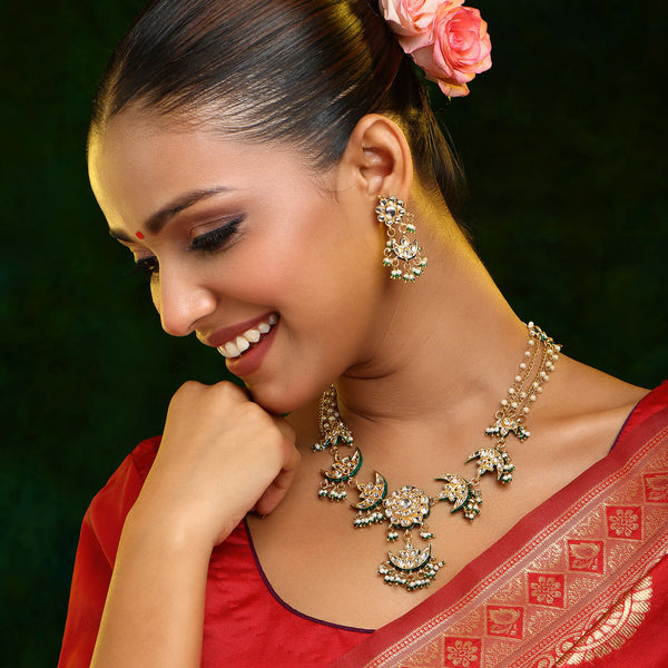 Ruby Raang 22k Gold Polished Kundan Necklace With Earrings