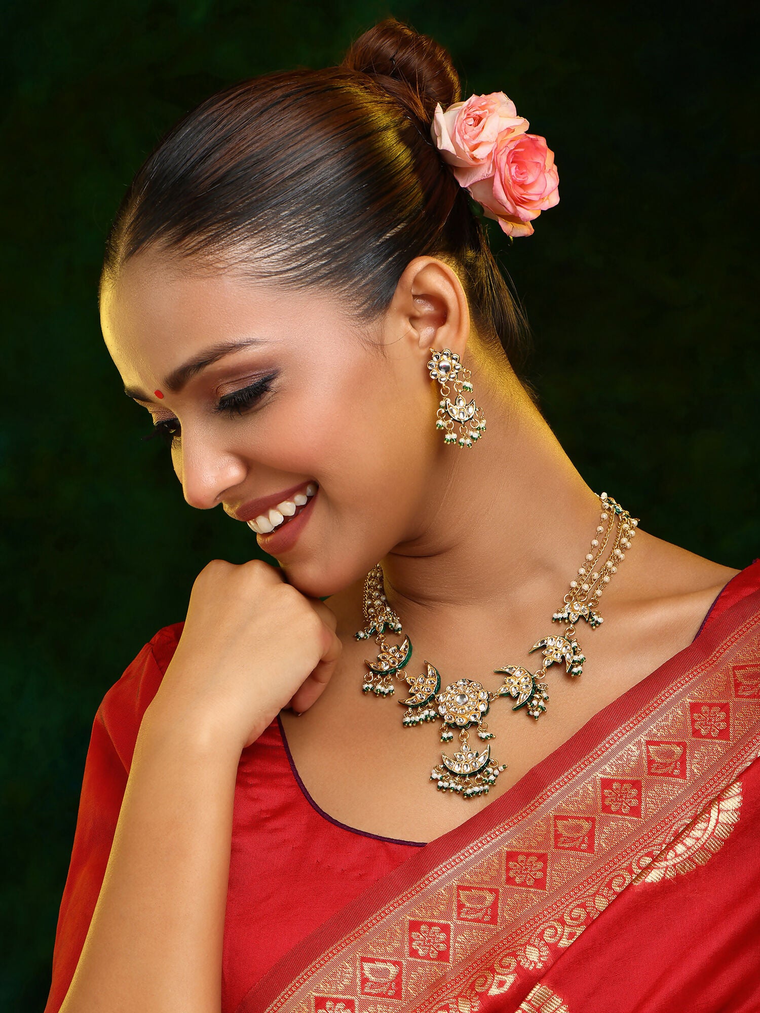 Ruby Raang 22k Gold Polished Kundan Necklace With Earrings