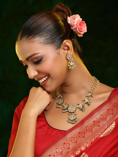 Ruby Raang 22k Gold Polished Kundan Necklace With Earrings