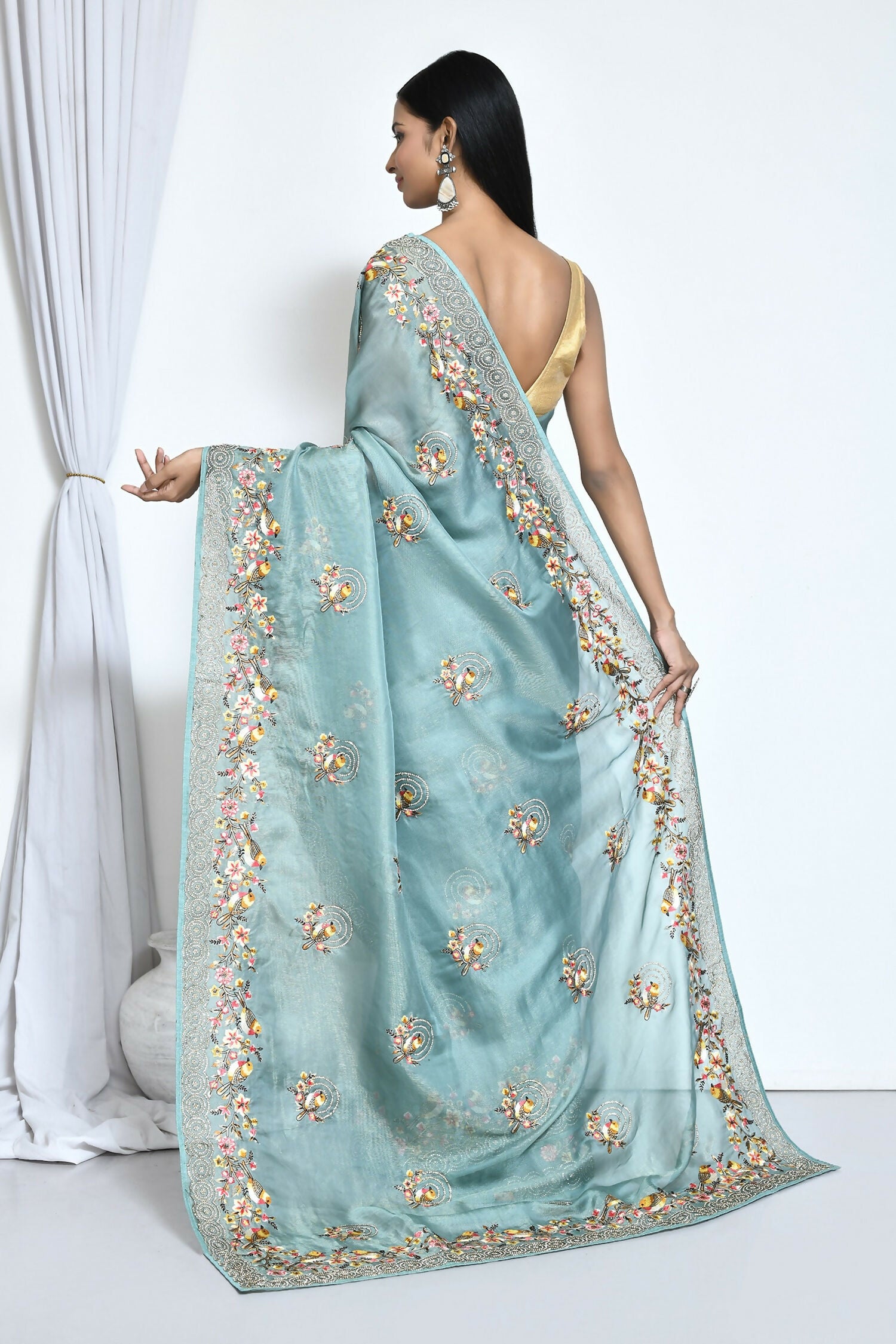 Blue Net Organza Silk Thread Emboidered with Stone Work Saree - Nimaya Benzy - Distacart
