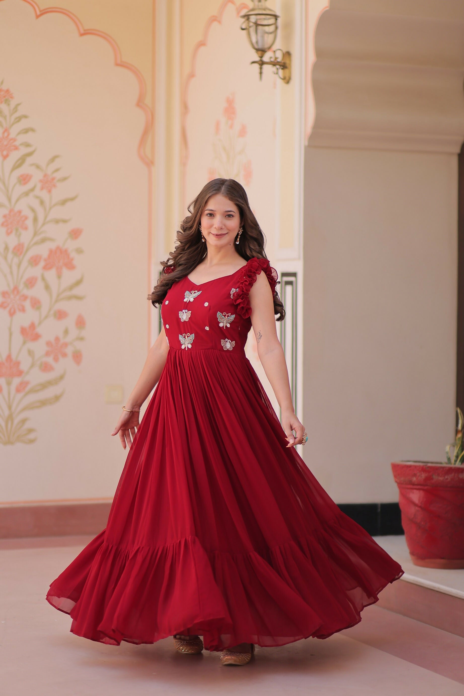 Joban Fashion Maroon Georgette Sequence Embroidery Work Gown