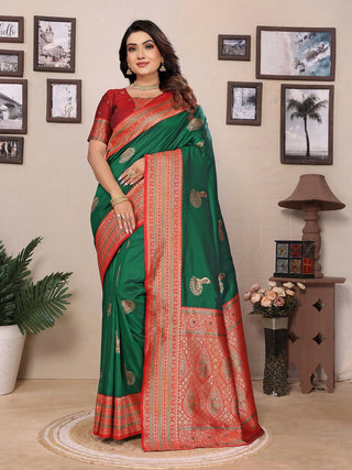 Joban Fashion Banarasi Green Small Butti Soft Silk Saree
