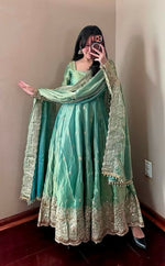 Thumbnail for Teeya Creation Teal Fendy Silk Designer Heavy Work Wedding Wear Long Gown - Distacart