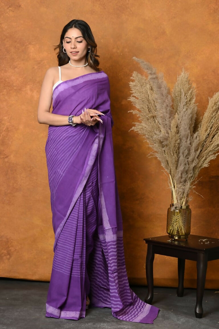 Very Much Indian Pure Cotton Handblock Printed Saree With Natural Dyes - Purple - Distacart