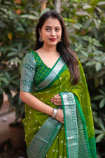 Thumbnail for Green Jute Silk Ethnic Motifs Saree with Unstitched Blouse - Hiral Fashion - Distacart