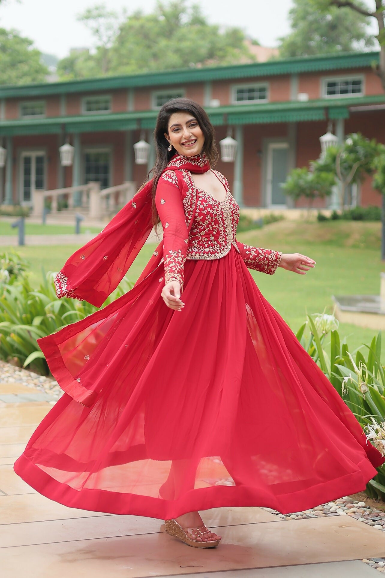 Joban Fashion Red Georgette Sequence Embroidery Work Kurta Set