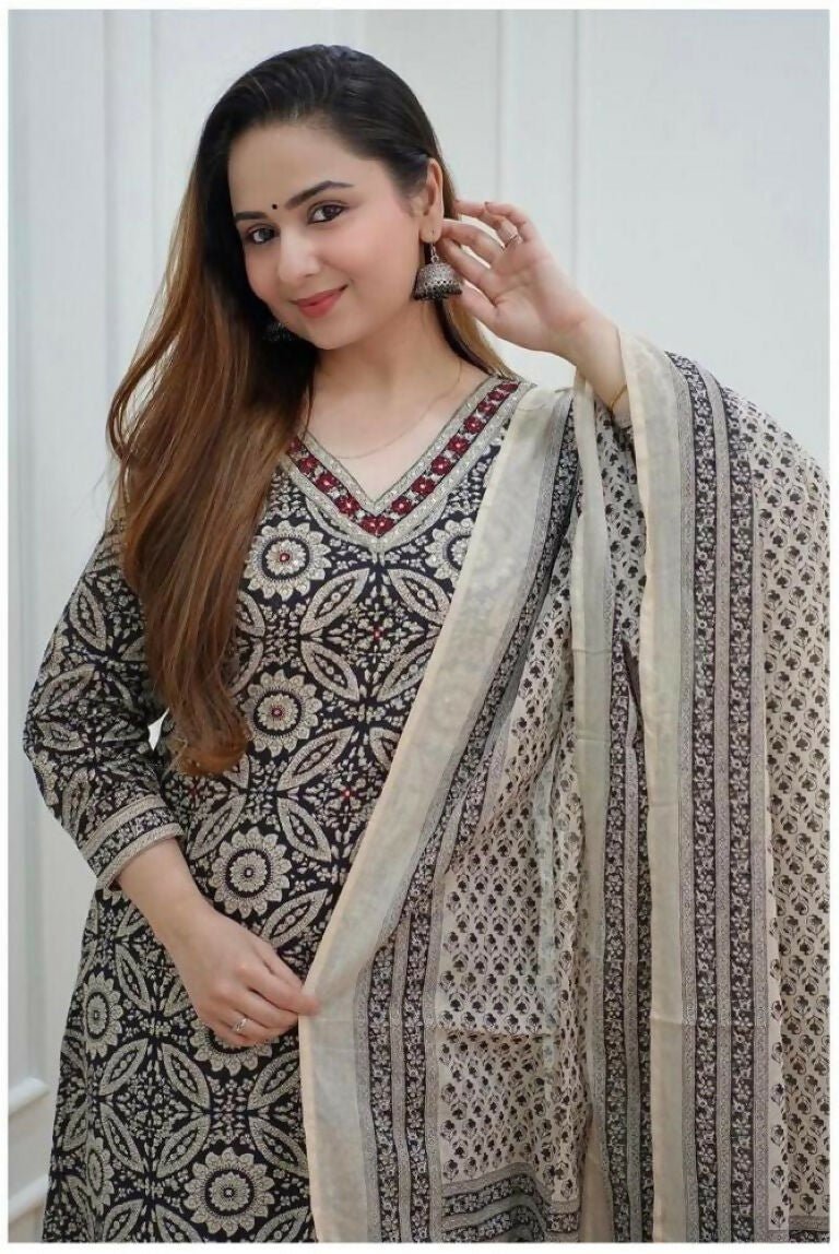 Alvano Anarkali Printed Kurti with Pant and Dupatta set for Women and Girls Rayon - Distacart