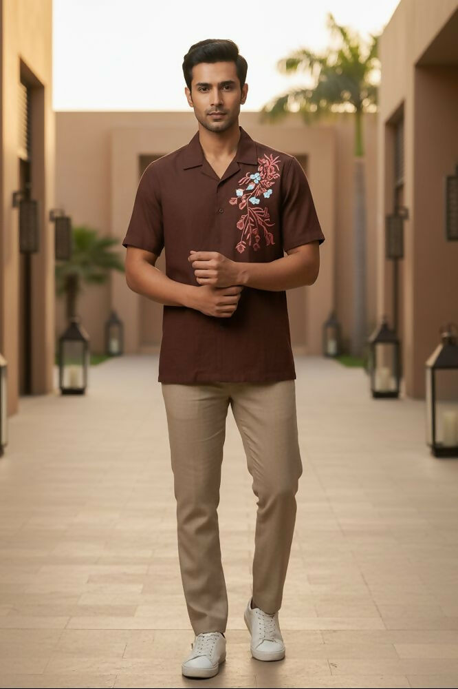 Solvra — Brown Floral Embroidered Cotton Shirt by Hilo Design - Dista