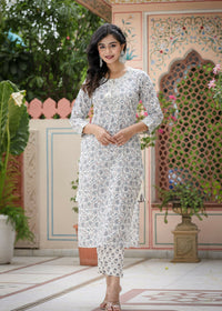 Thumbnail for Kaajh Women's White Grey Floral Print Cotton Kurta Pant Set - Distacart