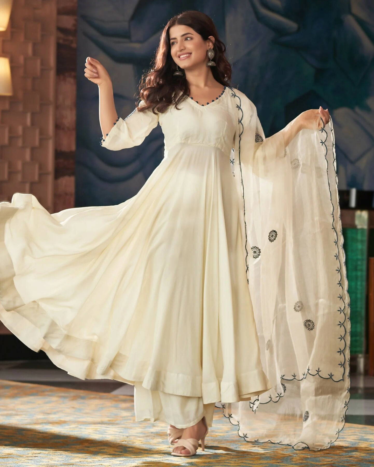 The52 CreamWomen's Gorgeous Embroidered Vichitra Silk Fabric Flared Kurta Pant with Dupatta Set
