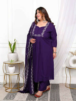 Thumbnail for Miravan Womens Plus Size Purple Embroidered Kurta With Palazzo And Dupatta Set - Distacart