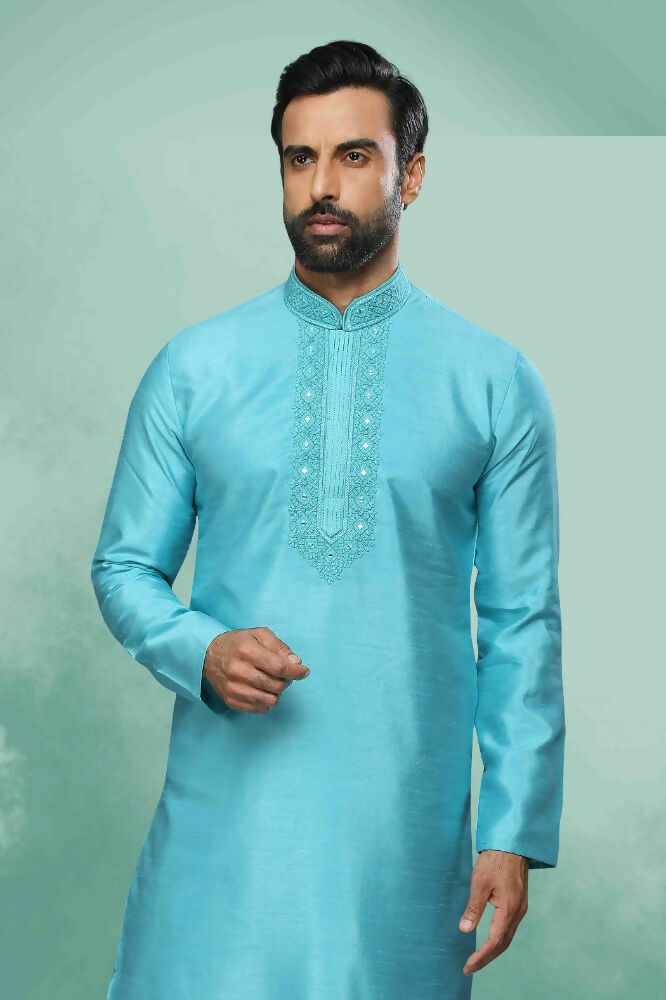 Raivat Ethnic Art Silk Mirror Embroidery Work Kurta Pajama In Sky Blue Colour - Dista
