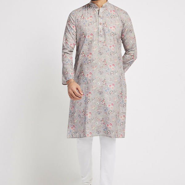 Ethnic India Grey Men's Kurta Floral Polyester - Distacart