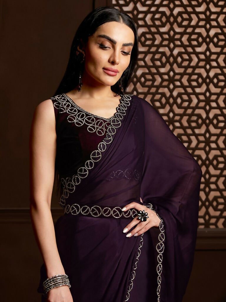 Aafreen Partywear Designer Purple Satin Chiffon Fancy Saree - Distacart
