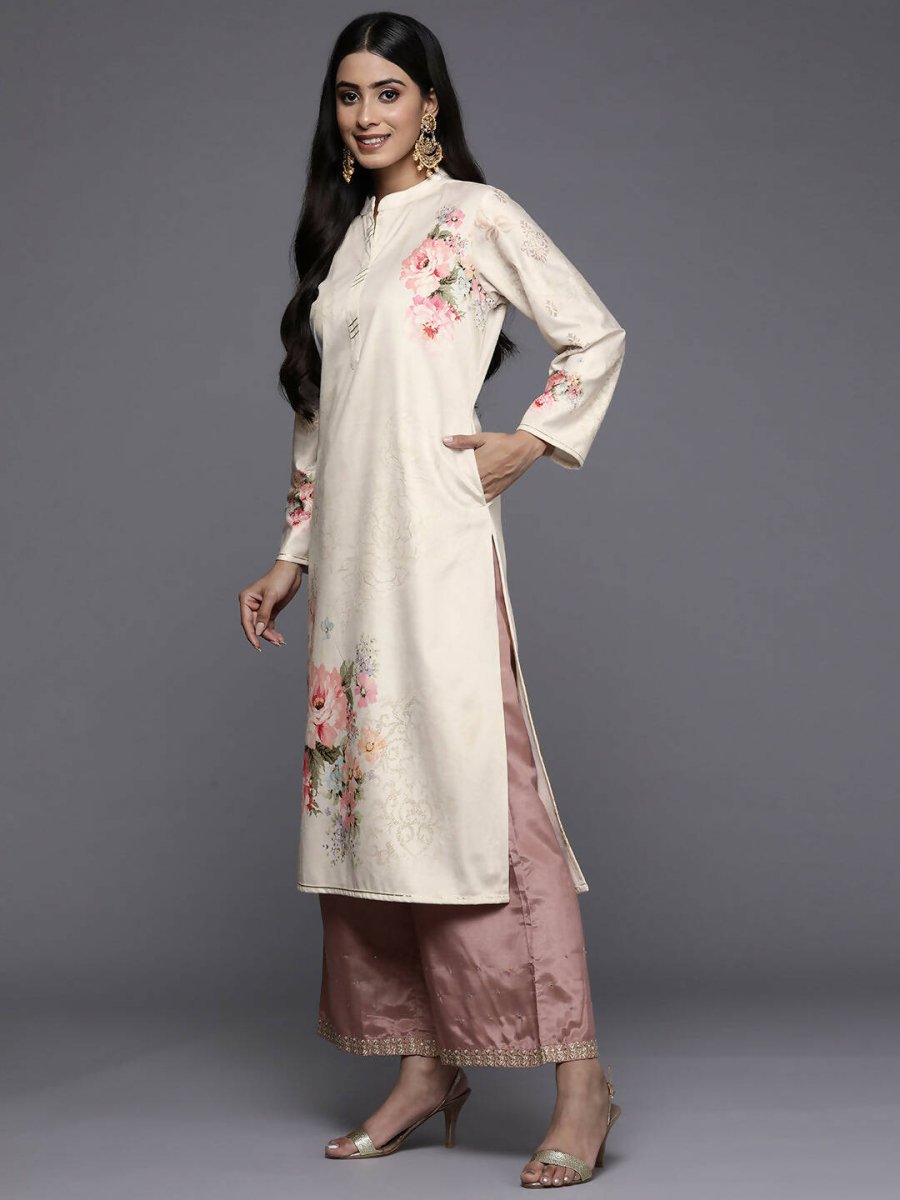 Ahalyaa Women Cream-Coloured & Pink Floral Printed Gotta Patti Floral Velvet Kurta - Distacart