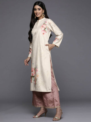 Ahalyaa Women Cream-Coloured & Pink Floral Printed Gotta Patti Floral Velvet Kurta - Distacart