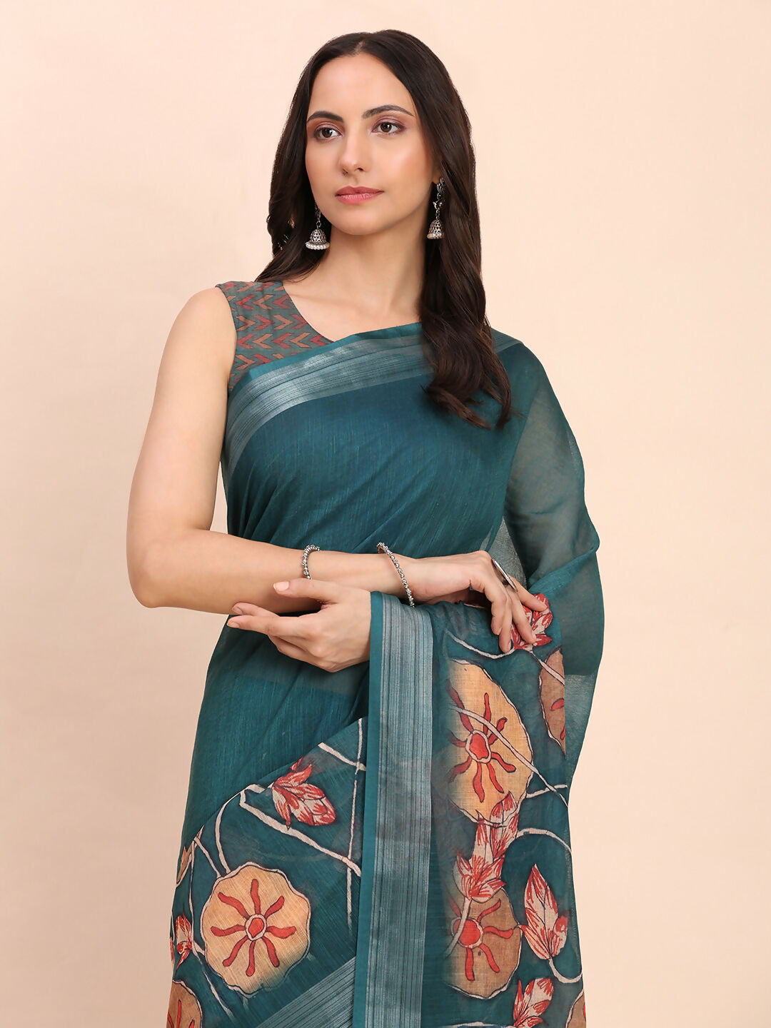 Astita Linen Cotton Teal Blue Saree