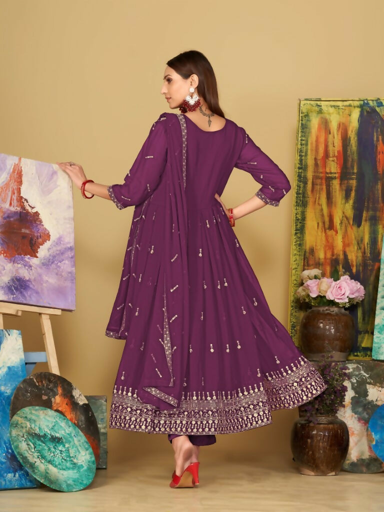 Jyoti Fashion Women's Purple Georgette Embroidered Anarkali Kurta Pant Set With Dupatta - Distacart