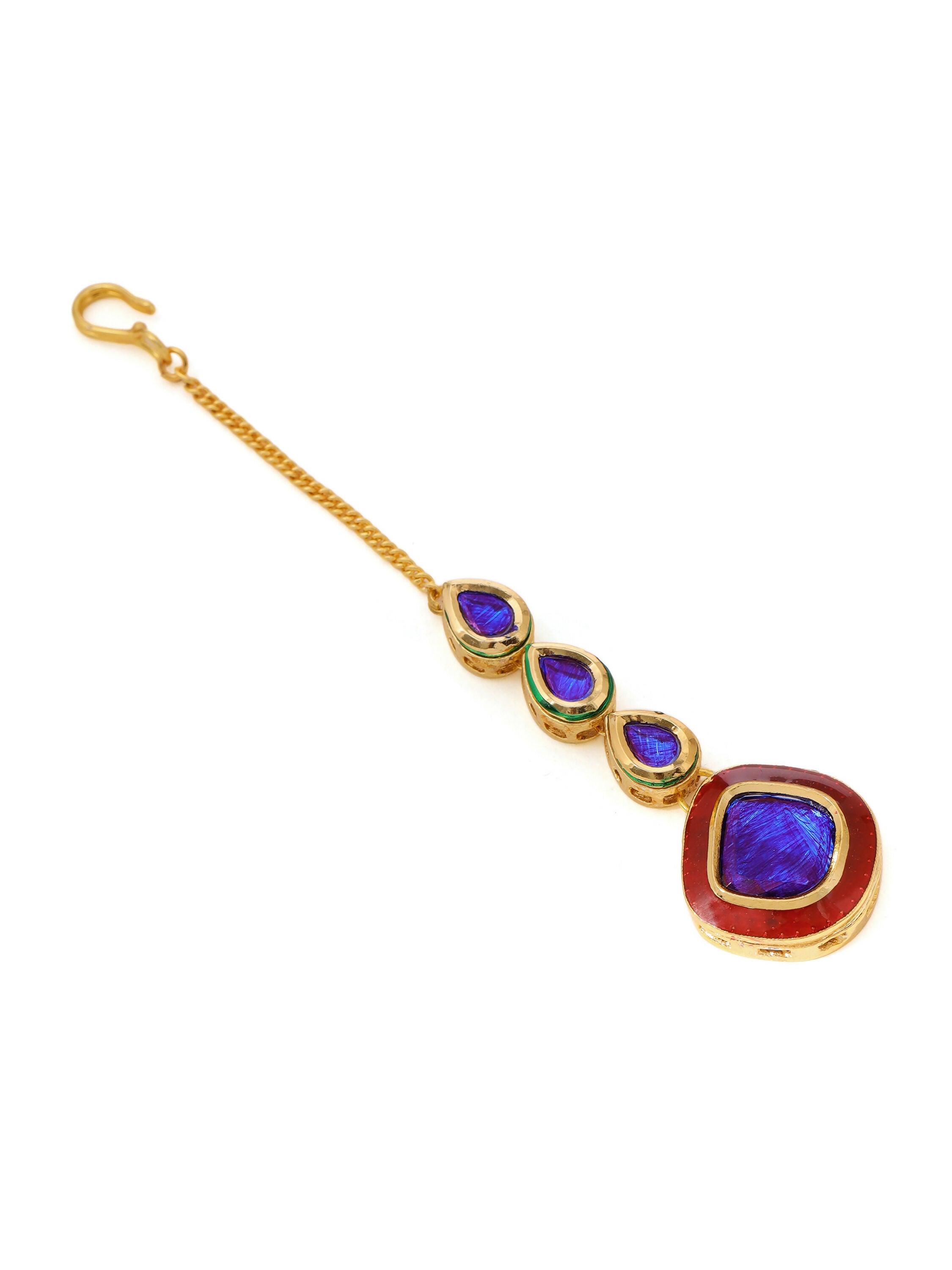 Ruby Raang Blue and Red Meenakari Kundan Necklace with Earrings & Maang Tikka