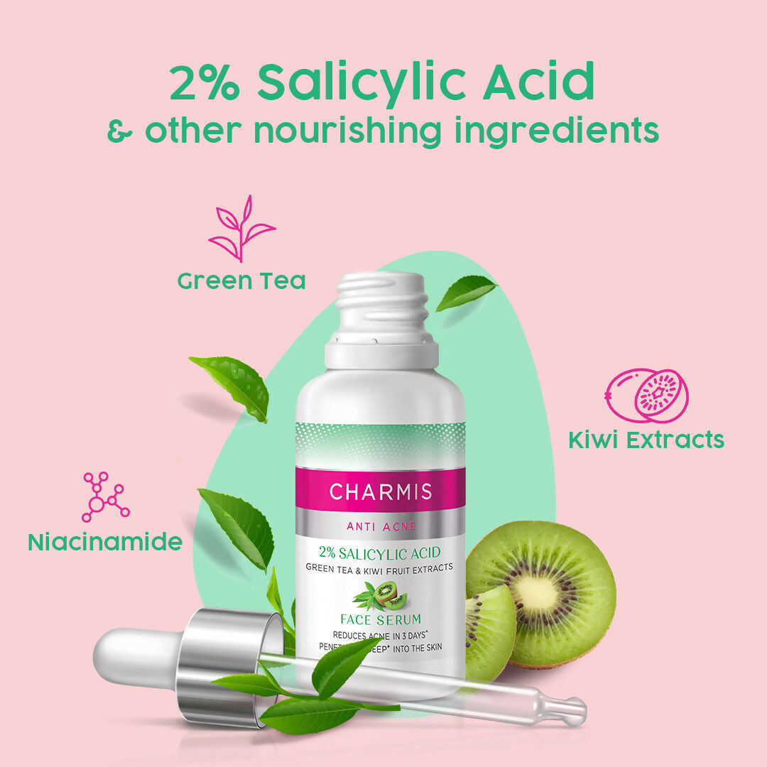 Charmis Anti Acne 2% Salicylic Acid Face Serum with Green Tea & Kiwi Extracts for Clear & Glowing Skin - Distacart