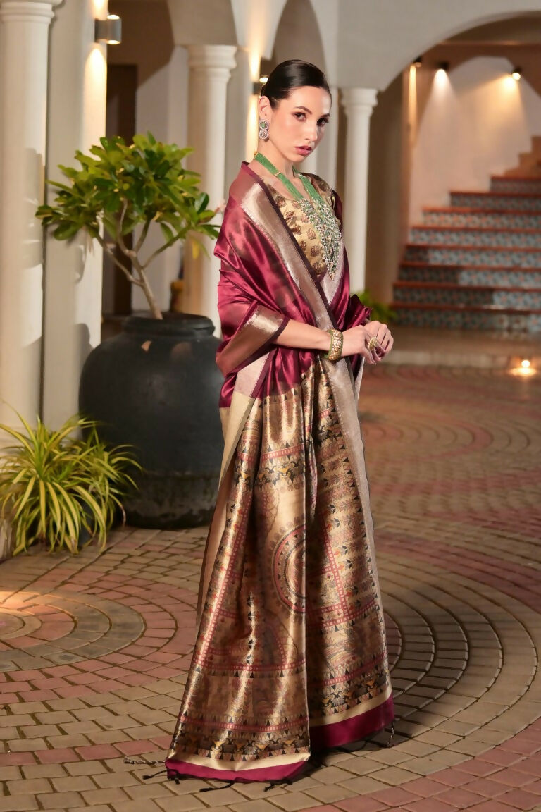 Vishnu Weaves Women's Maroon Soft Tussar Silk Printed Saree with Blouse