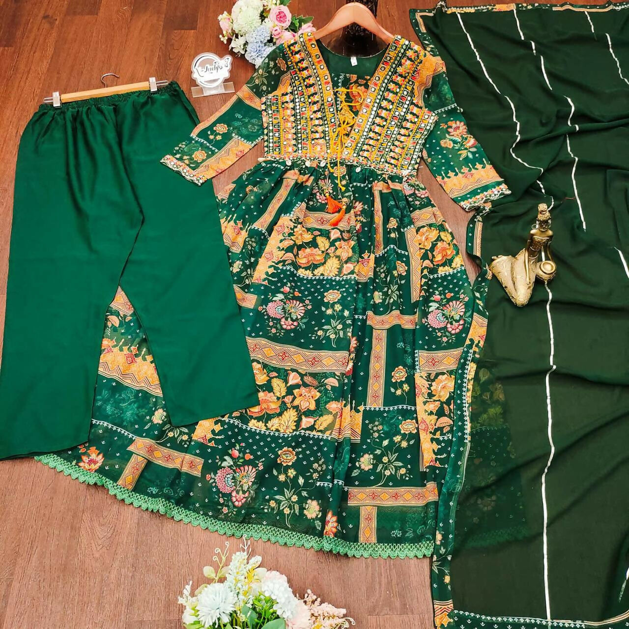 Preksha Creation Georgette Women Suit Set With Intricate Hand Embroidery With Dupatta And Bottom - Green - Distacart