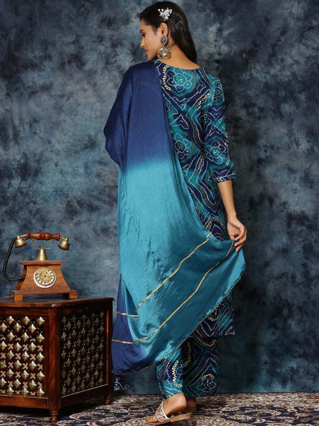 Sangria Bandhani Print & Embroidered Kurta Palazzo & Dupatta Set