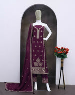 Thumbnail for Anaita Dark Purple Chinon Silk Stitched Suit with Embroidery & Sequence Work - Distacart