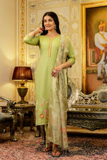 Thumbnail for The52 Lemons Women's Beautiful Viscose Shimmer Fabric Embroidered Work Straight Kurta Pant and Dupatta Set - Distacart