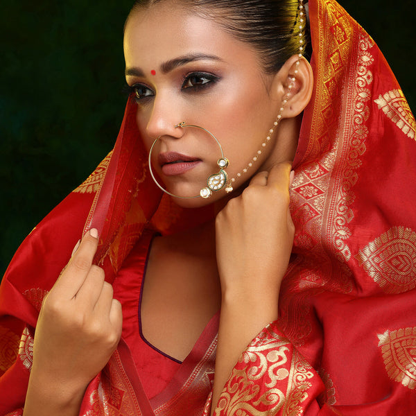 Ruby Raang 22k Gold Polished Kundan Maharani Nose Ring (Clip On)