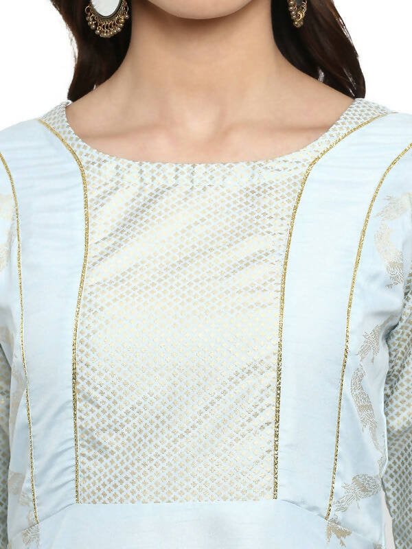 Ahalyaa Women Blue & Silver-Coloured Yoke Design A-Line Kurta - Distacart