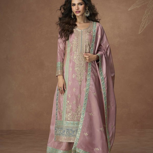 Anaita Pink Chinon Readymade Palazzo Suit with Embroidery Sequence Work - Distacart