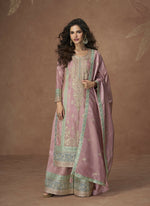 Thumbnail for Anaita Pink Chinon Readymade Palazzo Suit with Embroidery Sequence Work - Distacart