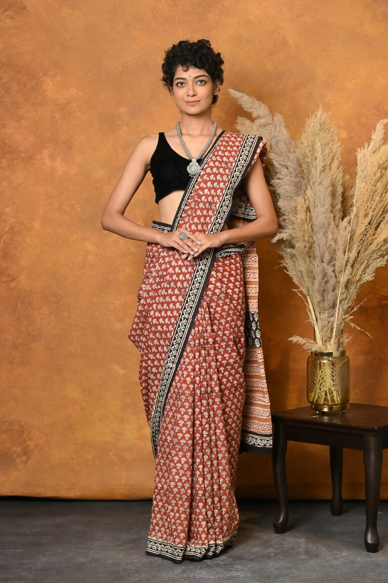 Very Much Indian Handblock Printed Cotton Saree With Natural Dyes - Orange - Distacart