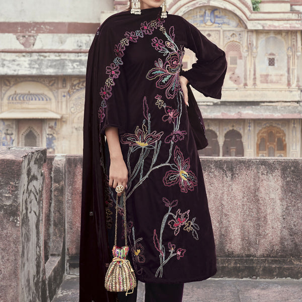Jyoti Fashion Women's Wine Velvet Resham Thread with Jari & Sequin Kurta with Trouser & Dupatta - Distacart