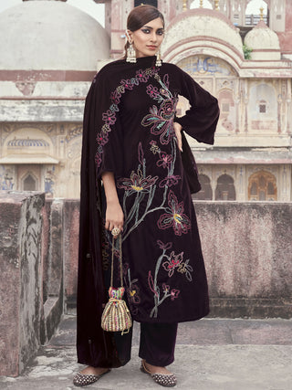 Jyoti Fashion Women's Wine Velvet Resham Thread with Jari & Sequin Kurta with Trouser & Dupatta - Distacart