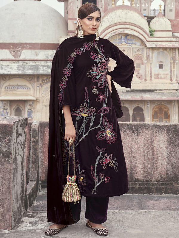 Jyoti Fashion Women's Wine Velvet Resham Thread with Jari & Sequin Kurta with Trouser & Dupatta - Distacart