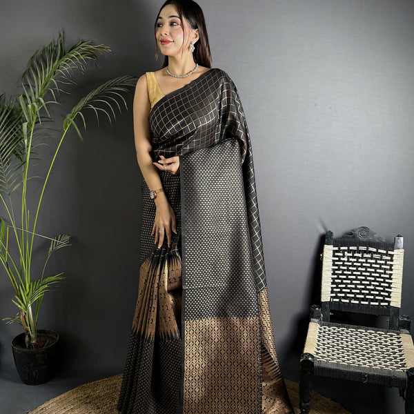 Joban Fashion Black Banarasi Soft Lichi Silk Checks & Woven Saree