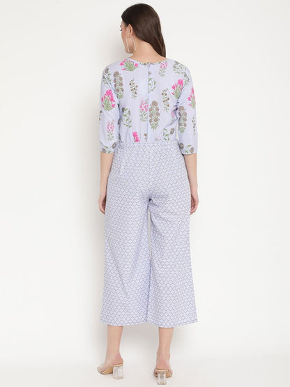 Ahalyaa Womens Blue Crepe Printed Jumpsuit