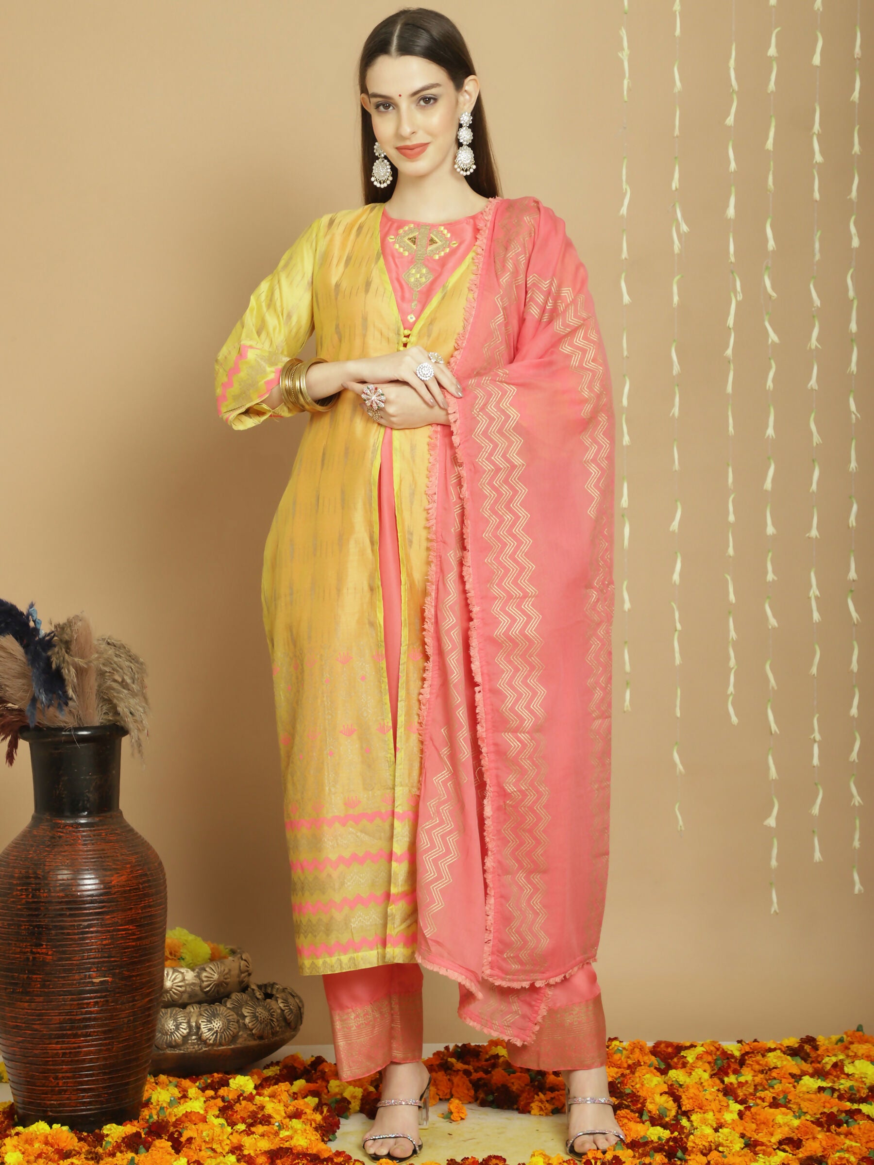 Jyoti Fashion Women's Yellow Chanderi Silk Elegant Jardoshi Semi Kurta with Trouser & Dupatta - Distacart