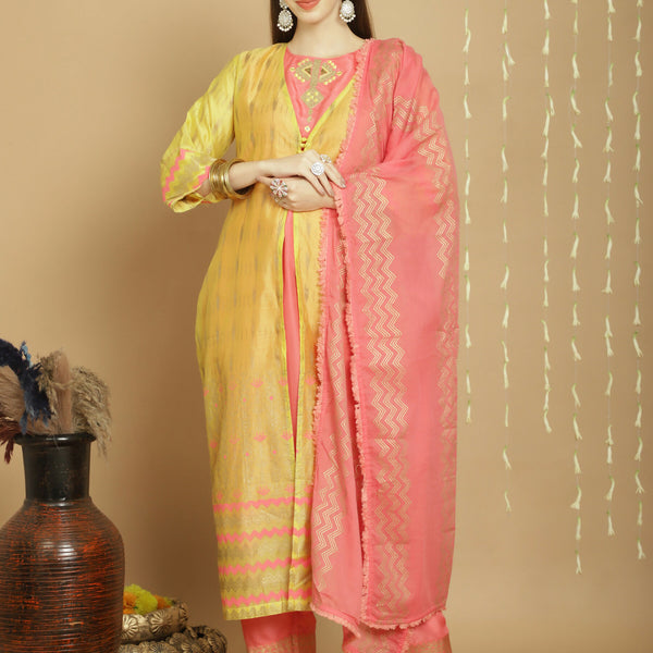 Jyoti Fashion Women's Yellow Chanderi Silk Elegant Jardoshi Semi Kurta with Trouser & Dupatta - Distacart