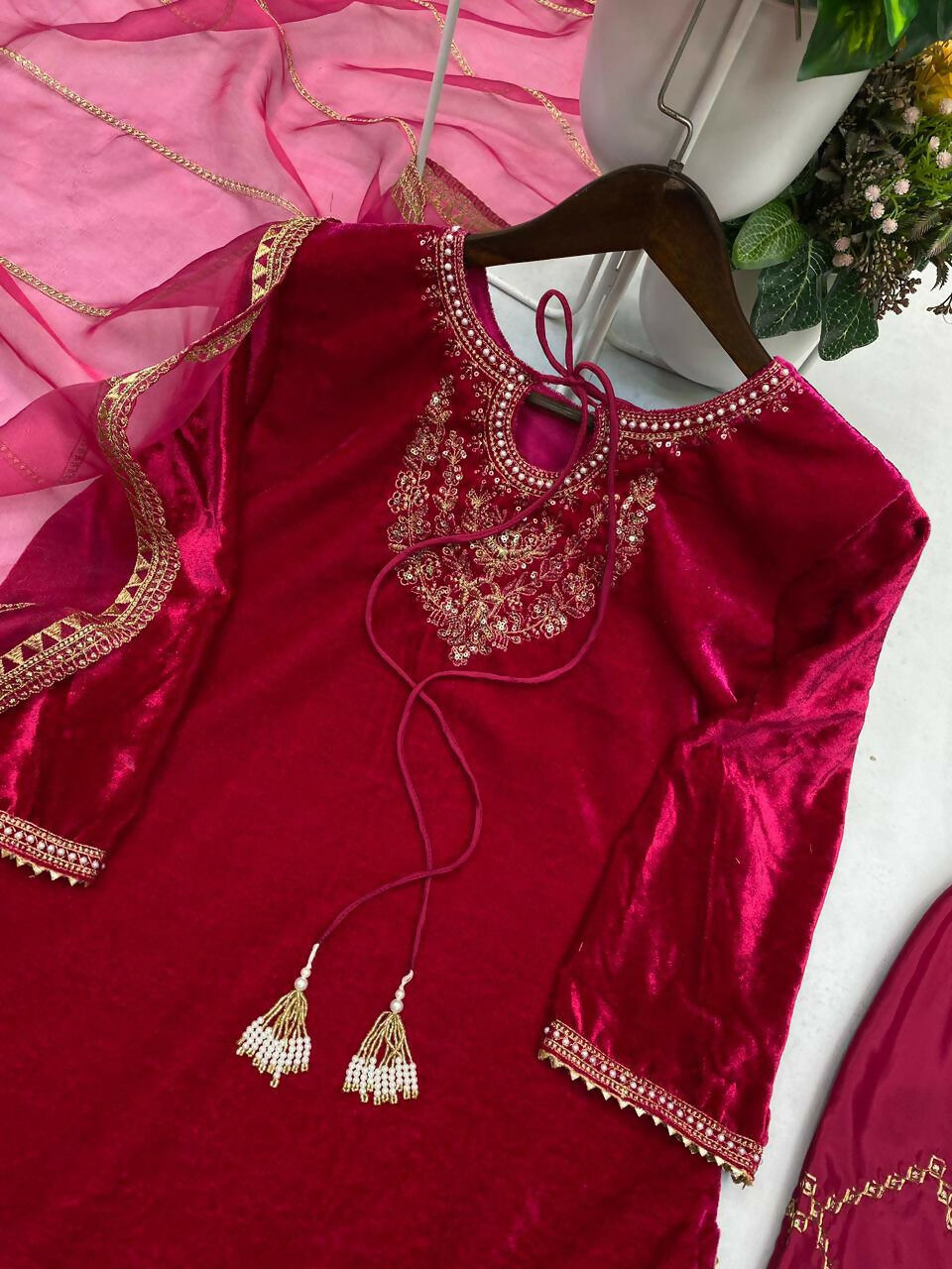 Vastranavya Pink Velvet Sequence Embroidery Work Kurta & Bottom With Dupatta
