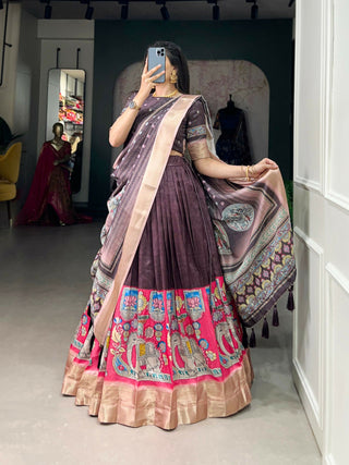 Vastranavya Kalamkari Print With Weaving Border Lehenga with Unstitched Blouse - Burgundy - Distacart